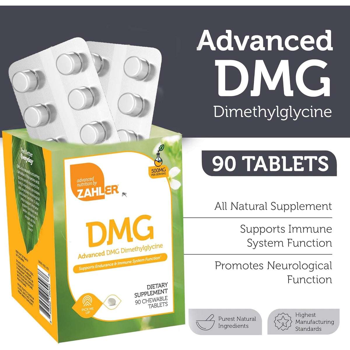Zahler DMG 500Mg - DMG Dimethylglycine Supplement for Endurance & Immune System Support - DMG Supplements with Amino Acid Glycine - Nootropic Brain Supplement - Kosher 1 a Day Tablets 90 Count