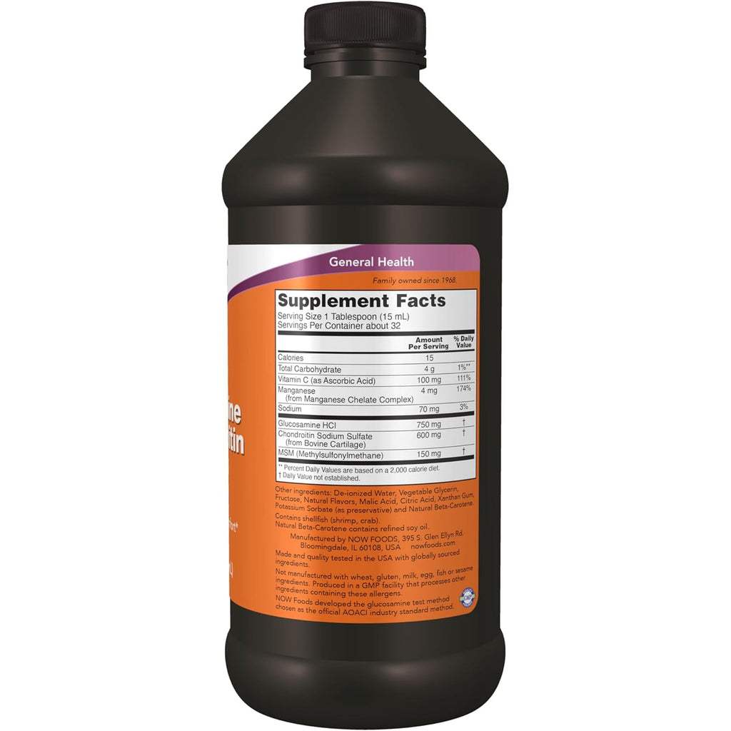 NOW Supplements, Glucosamine & Chondroitin with MSM, Liquid, Joint Health, Mobility and Comfort*, 16-Ounce