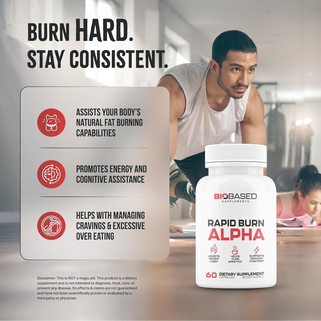 Rapid Burn Alpha - Fat Burner for Men - Supports Healthy Pathways Associated with GLP-1 Activity - Supports Appetite Control, Energy Booster, Helps Increase Metabolism & Fat Loss - 60 Unisex Capsules