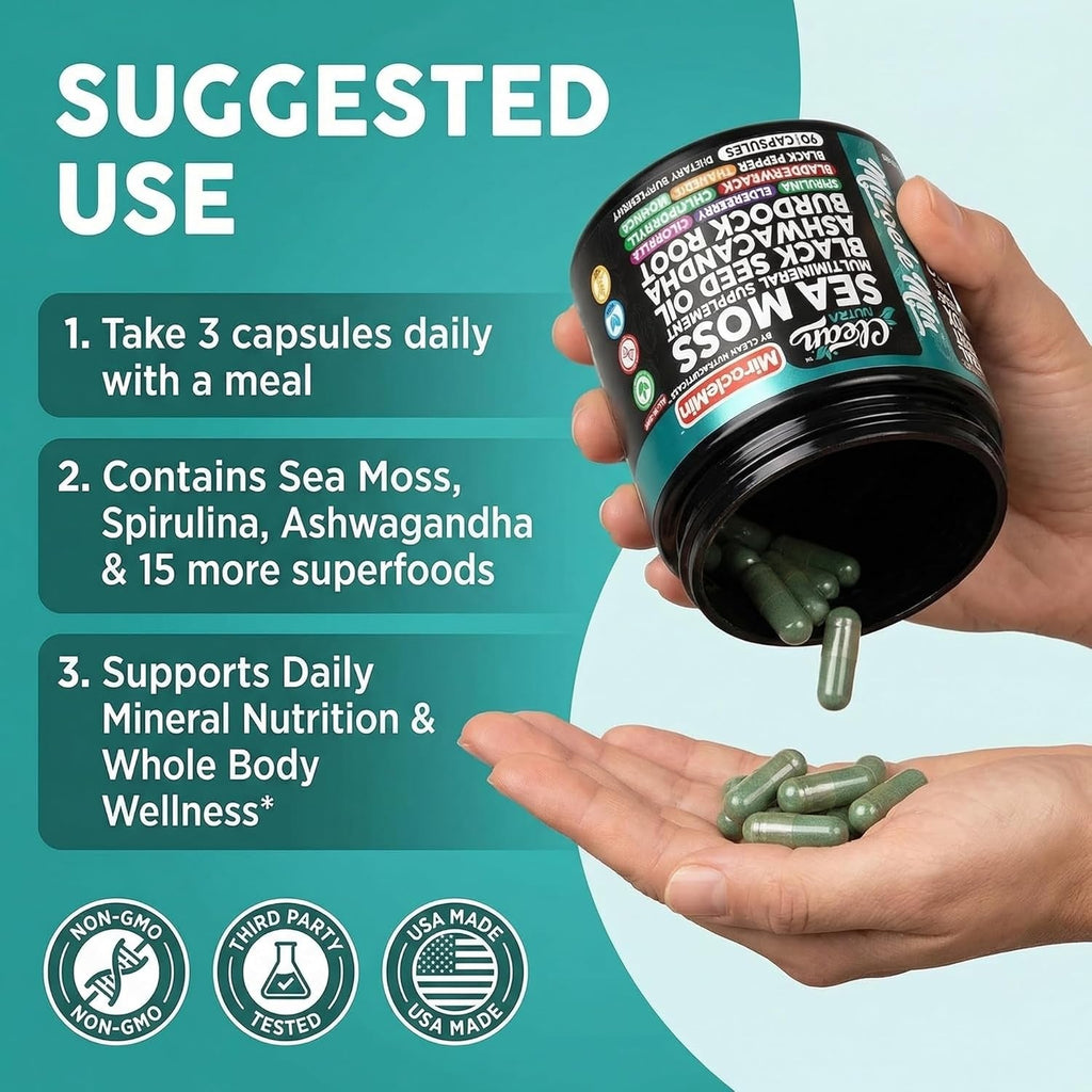 Clean Nutra Organic Sea Moss Capsules with Ashwagandha, Black Seed Oil, Burdock Root, Bladderwrack, Moringa, Chlorella, Spirulina, Turmeric, Elderberry, Amla � 90 Vegan Capsules � Miraclemin