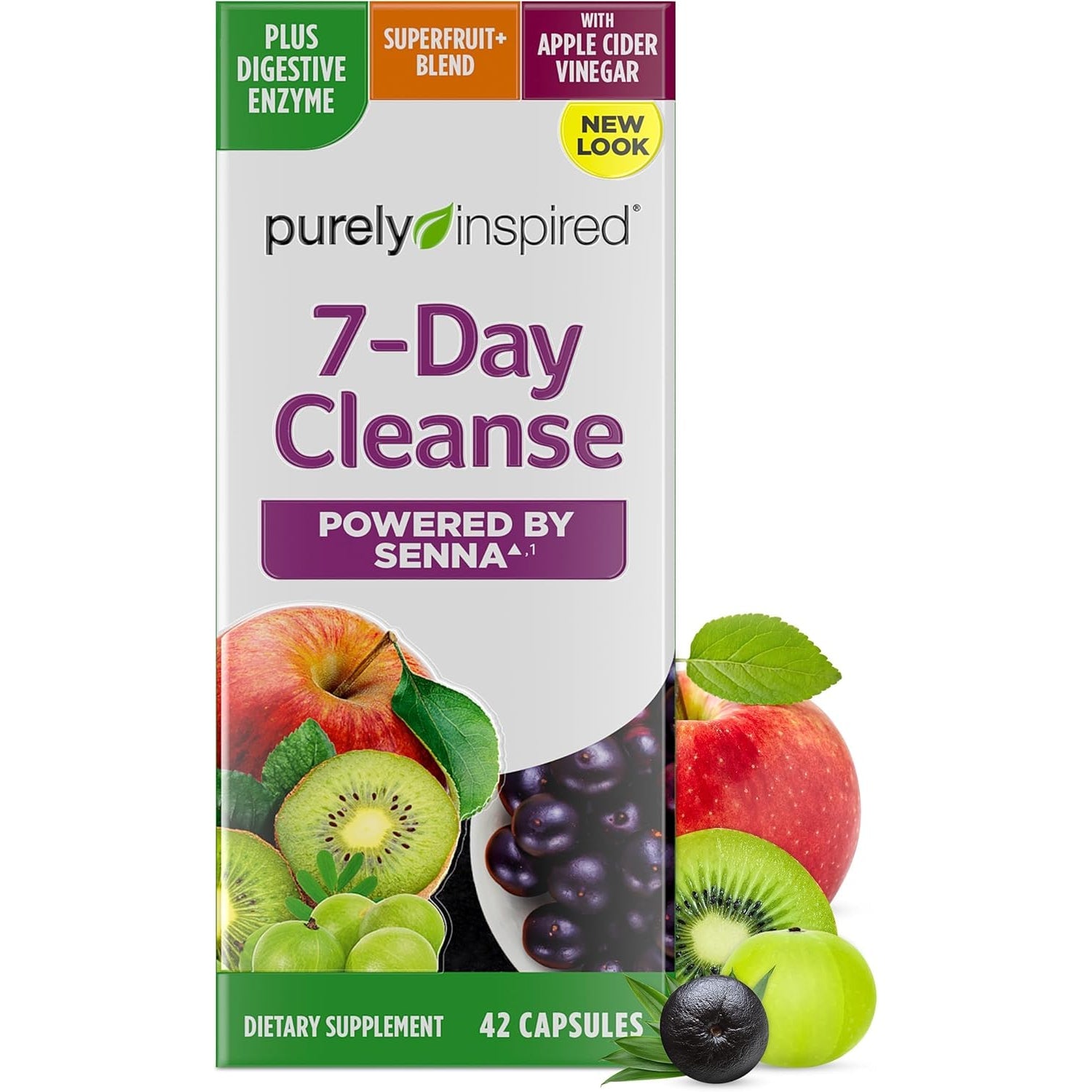 Purely Inspired 7-Day Detox Cleanse - Whole Body Cleanse & Detox Pills for Women & Men, Powered with Senna Leaf, Vitamin C, Apple Cider Vinegar, Digestive Enzymes & Probiotics - 42 Acai Berry Capsules
