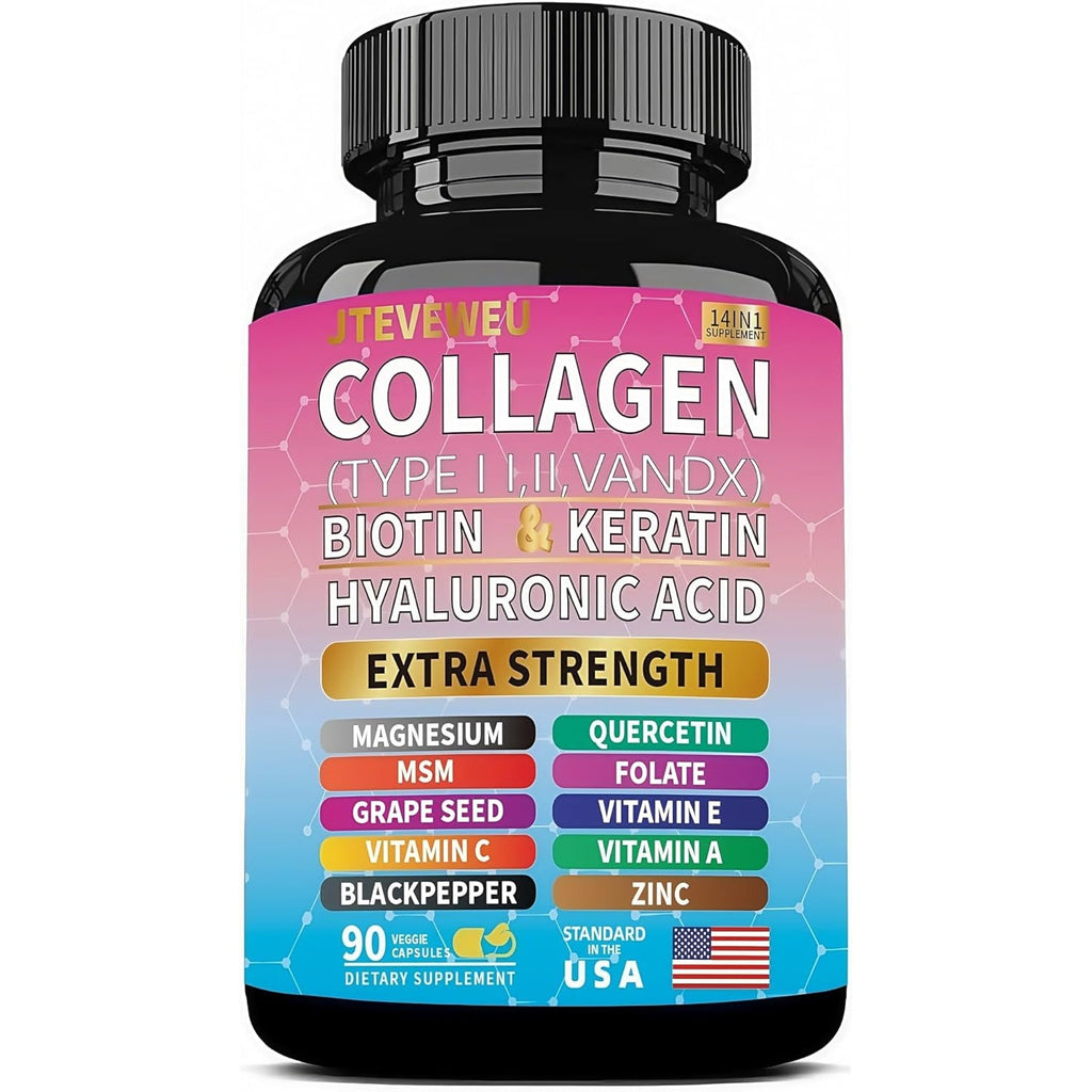 Collagen Supplement - Types I, II, III, V & X, MCG Biotin, Keratin, Hyaluronic Acid, Zinc, Grape Seed Extract, Quercetin, Vitamin A, Vitamin C, Vitamin E, Magnesium, Folic Acid（90 Capsules）