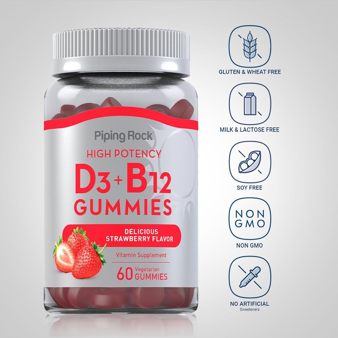 Piping Rock Vitamin D3 and B12 Gummies | 60 Count | Supplement for Women and Men | High Potency | Strawberry Flavor | Vegetarian, Non-Gmo, Gluten Free