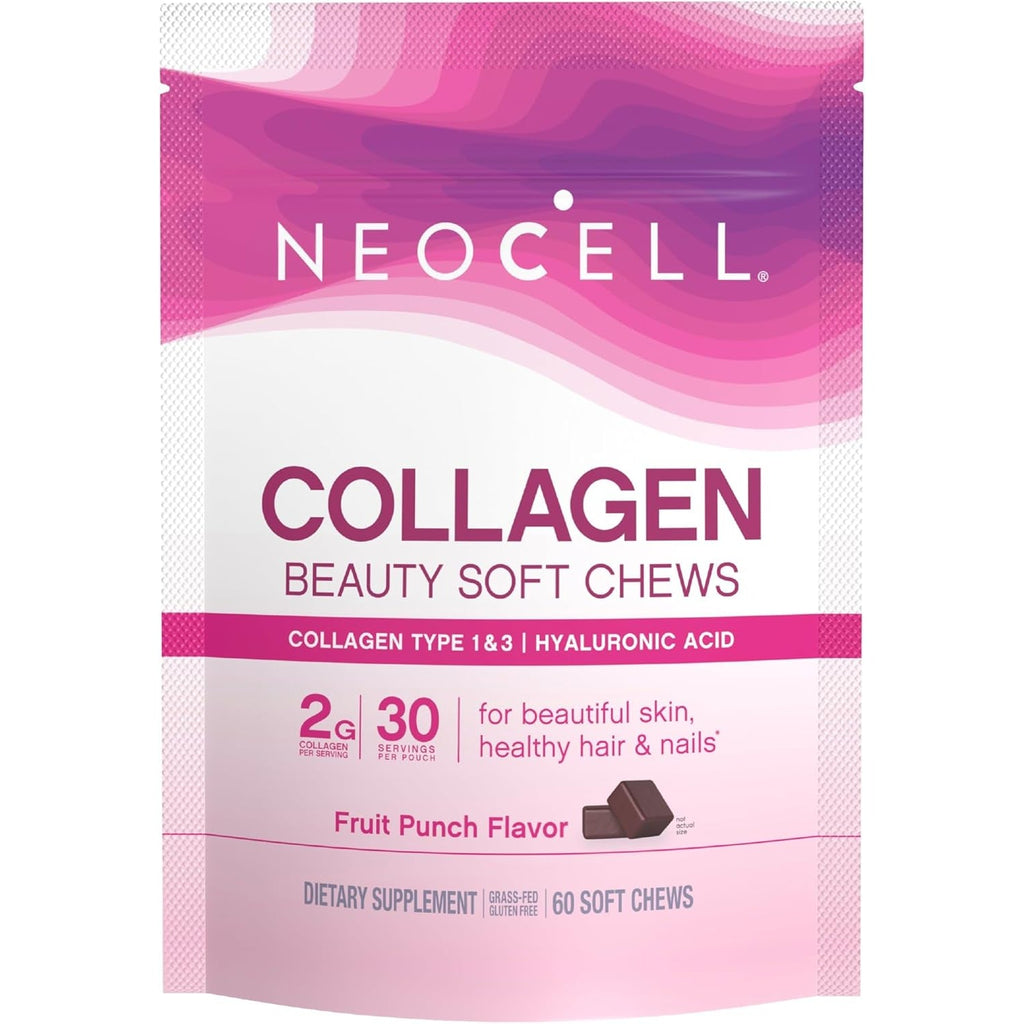 Neocell Collagen Beauty Soft Chews with Vitamin C and Hyaluronic Acid, for Hair, Skin and Nail Health, Fruit Punch, Soft Chews, 60 Count, 1 Bag