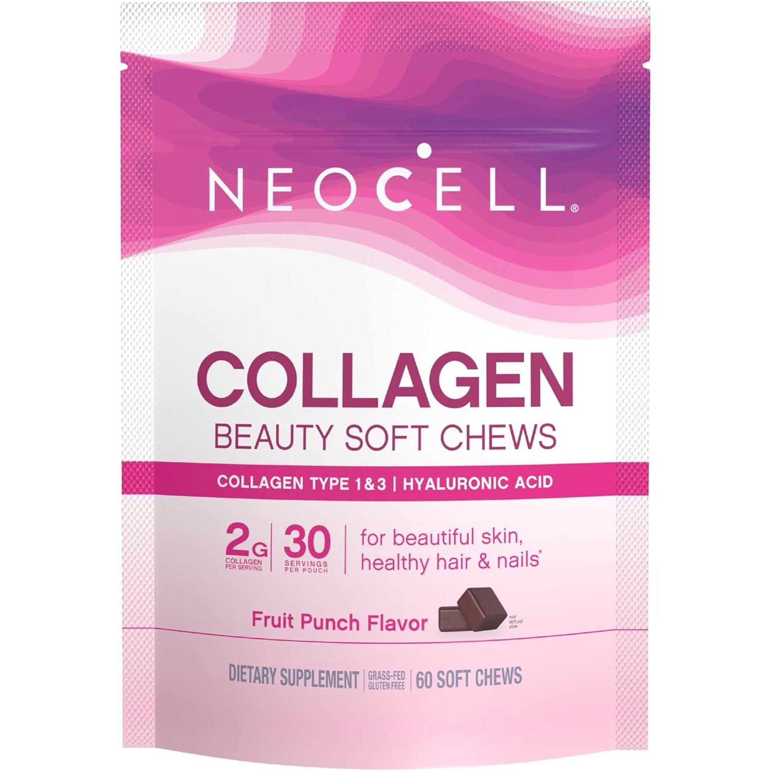 Neocell Collagen Beauty Soft Chews with Vitamin C and Hyaluronic Acid, for Hair, Skin and Nail Health, Fruit Punch, Soft Chews, 60 Count, 1 Bag