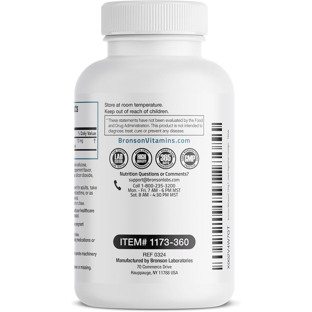 Bronson Melatonin 12Mg Fast Dissolve Nighttime Sleep Aid Support & Relaxation Support, 360 Peppermint Vegetarian Lozenges
