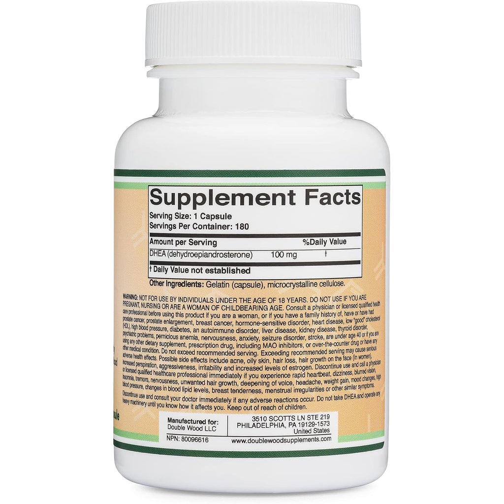 DHEA 100Mg | 180 Capsules | Max Strength 6 Month Supply | Third Party Tested | Hormone Balance & Healthy Aging by Double Wood
