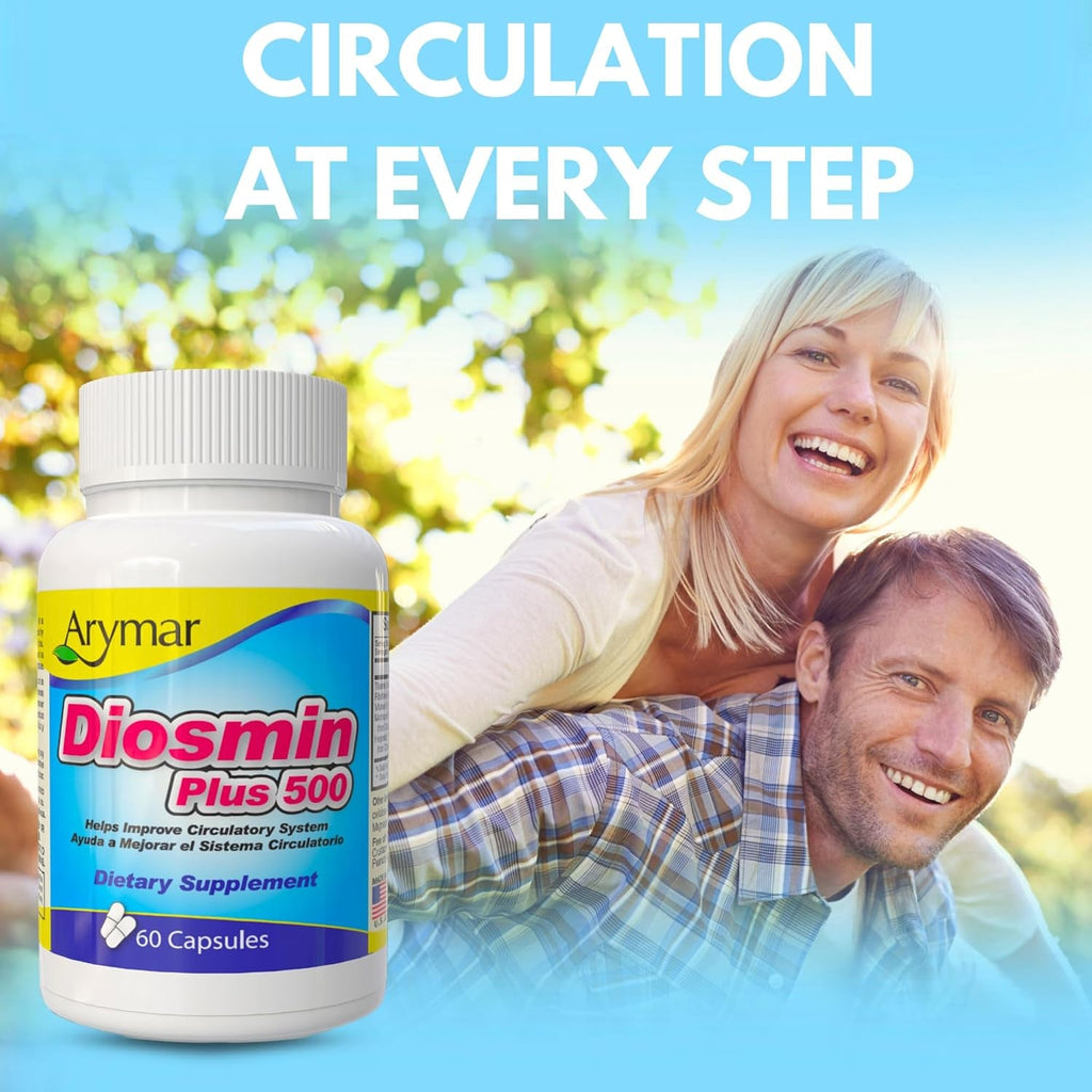 Arymar Diosmin 500Mg with Vitamin B-Complex: Circulatory Formula for Leg Vein Integrity and Normal Blood Flow, Vascular Health and Microcirculation, 60 Capsules