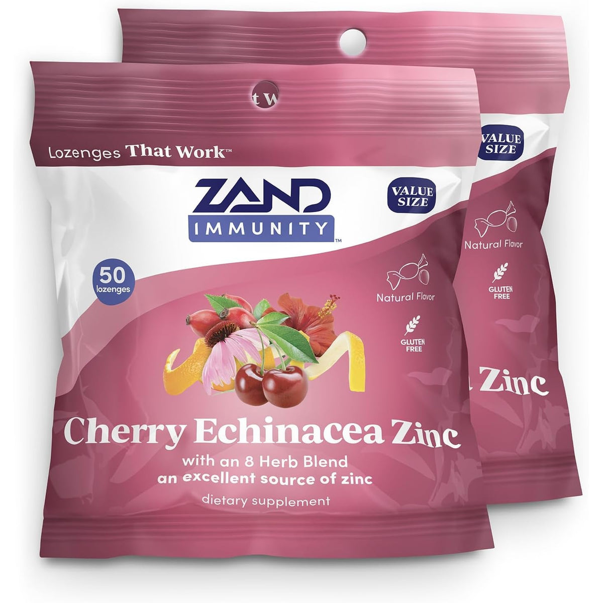 ZAND Immunity Cherry Echinacea Zinc Throat Lozenges 2 Pack - Good-For-You Dry Mouth Lozenges - Immune Support Supplement with Zinc 5Mg - Soothe a Dry Throat - Natural Flavor, Gluten Free, 50Ct Ea