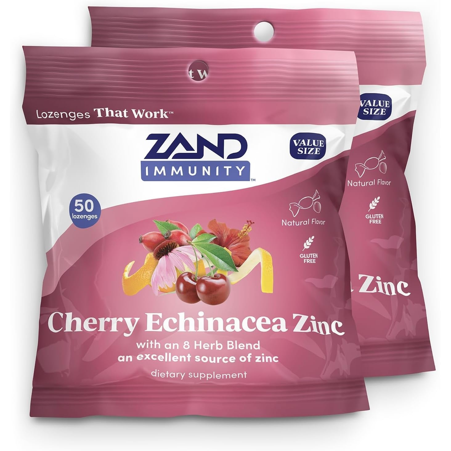 ZAND Immunity Cherry Echinacea Zinc Throat Lozenges 2 Pack - Good-For-You Dry Mouth Lozenges - Immune Support Supplement with Zinc 5Mg - Soothe a Dry Throat - Natural Flavor, Gluten Free, 50Ct Ea
