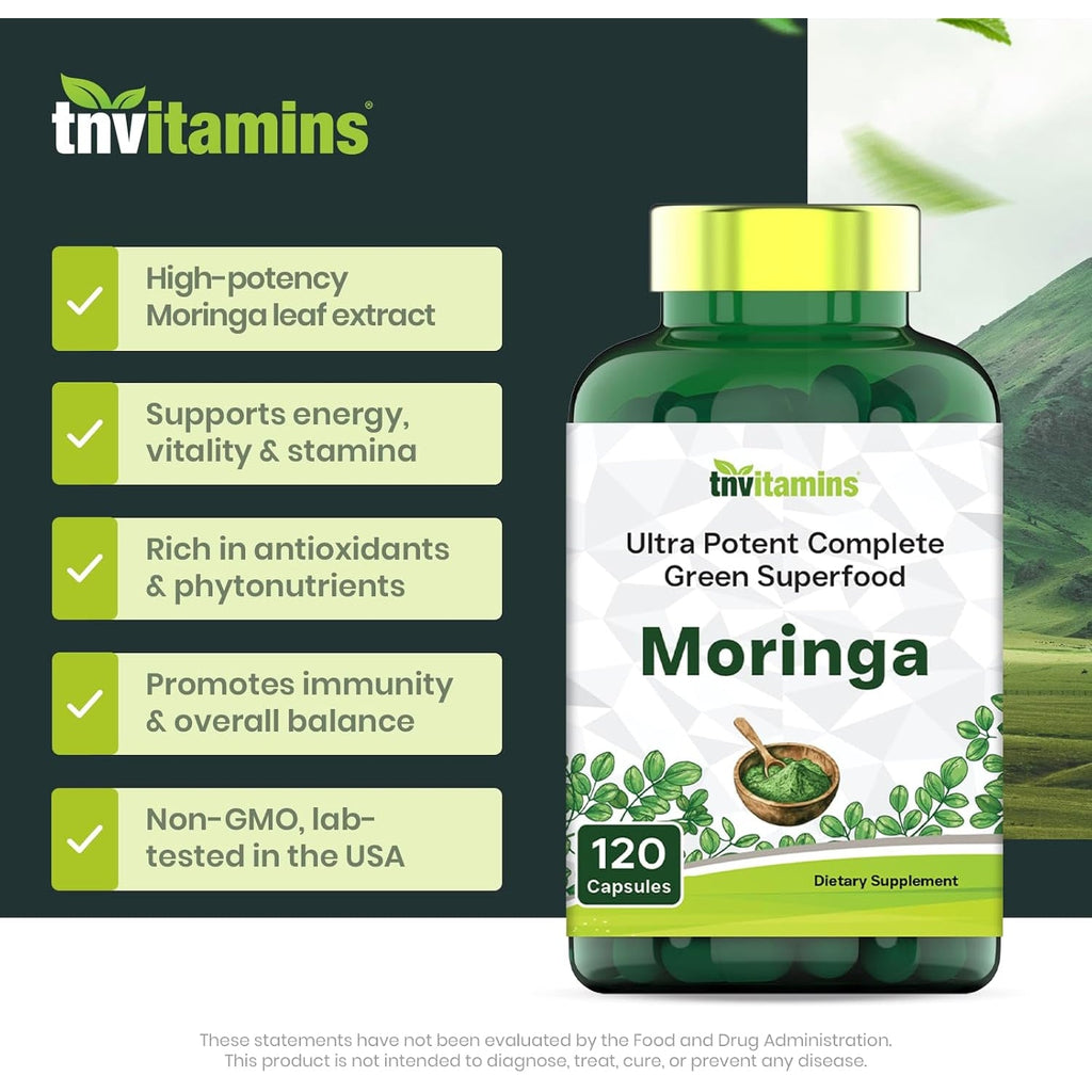 Tnvitamins Moringa 120 Capsules | High Potency Moringa Leaf Extract Superfood Supplement for Energy, Vitality & Antioxidant Support