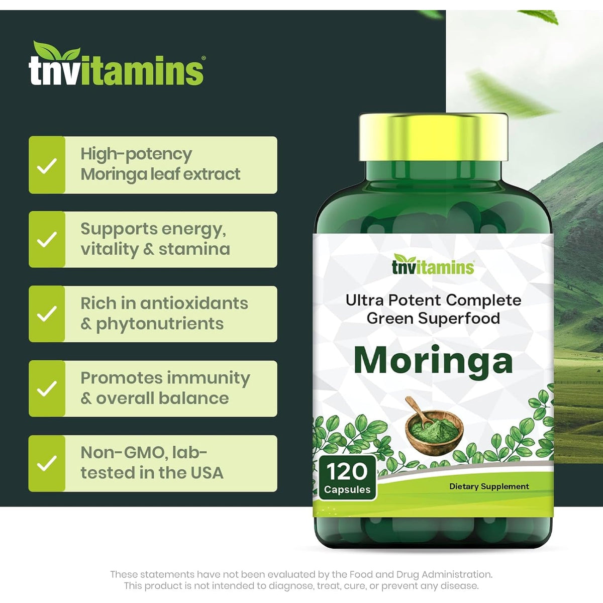 Tnvitamins Moringa 120 Capsules | High Potency Moringa Leaf Extract Superfood Supplement for Energy, Vitality & Antioxidant Support