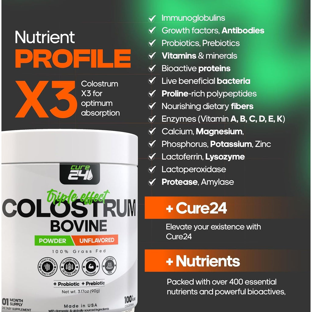 Bovine Colostrum X3 Supplement Powder for Humans, 100% Pure Whole Natural Grass Fed Superfood, High Igg, plus Probiotic & Prebiotic, Unflavored, Made in USA