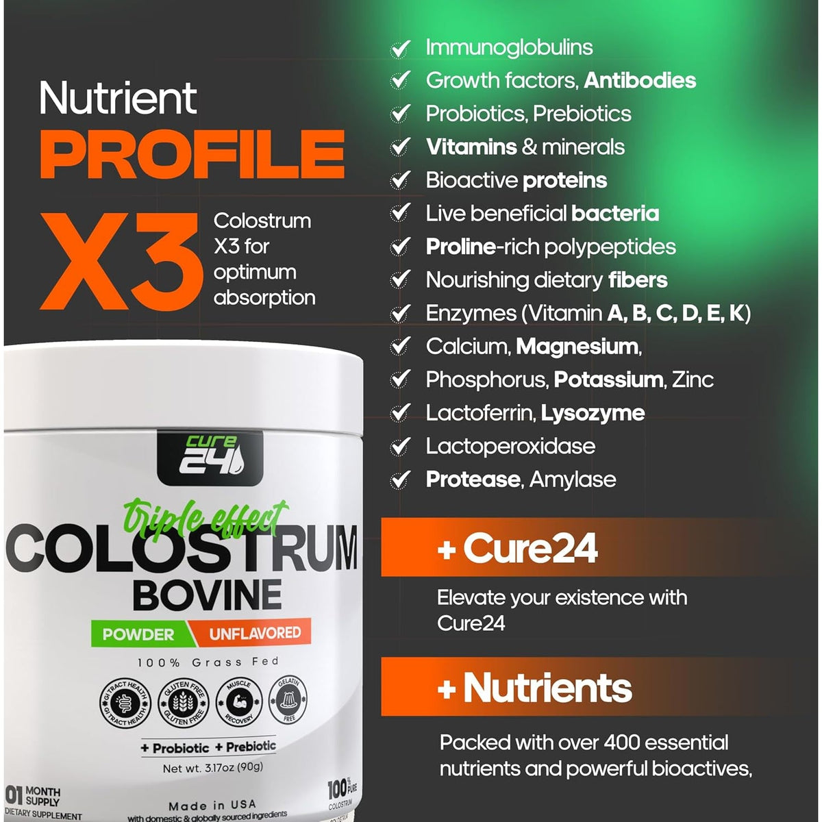 Bovine Colostrum X3 Supplement Powder for Humans, 100% Pure Whole Natural Grass Fed Superfood, High Igg, plus Probiotic & Prebiotic, Unflavored, Made in USA