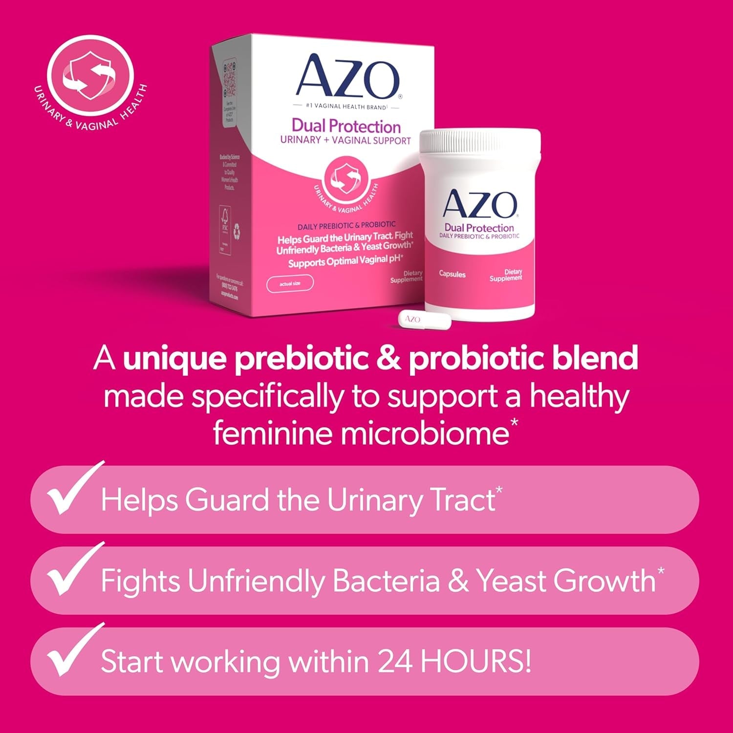 AZO Dual Protection, Urinary + Vaginal Support, Prebiotics and Probiotics for Women*, Starts Working within 24 Hours, Non-Gmo, 30 Count