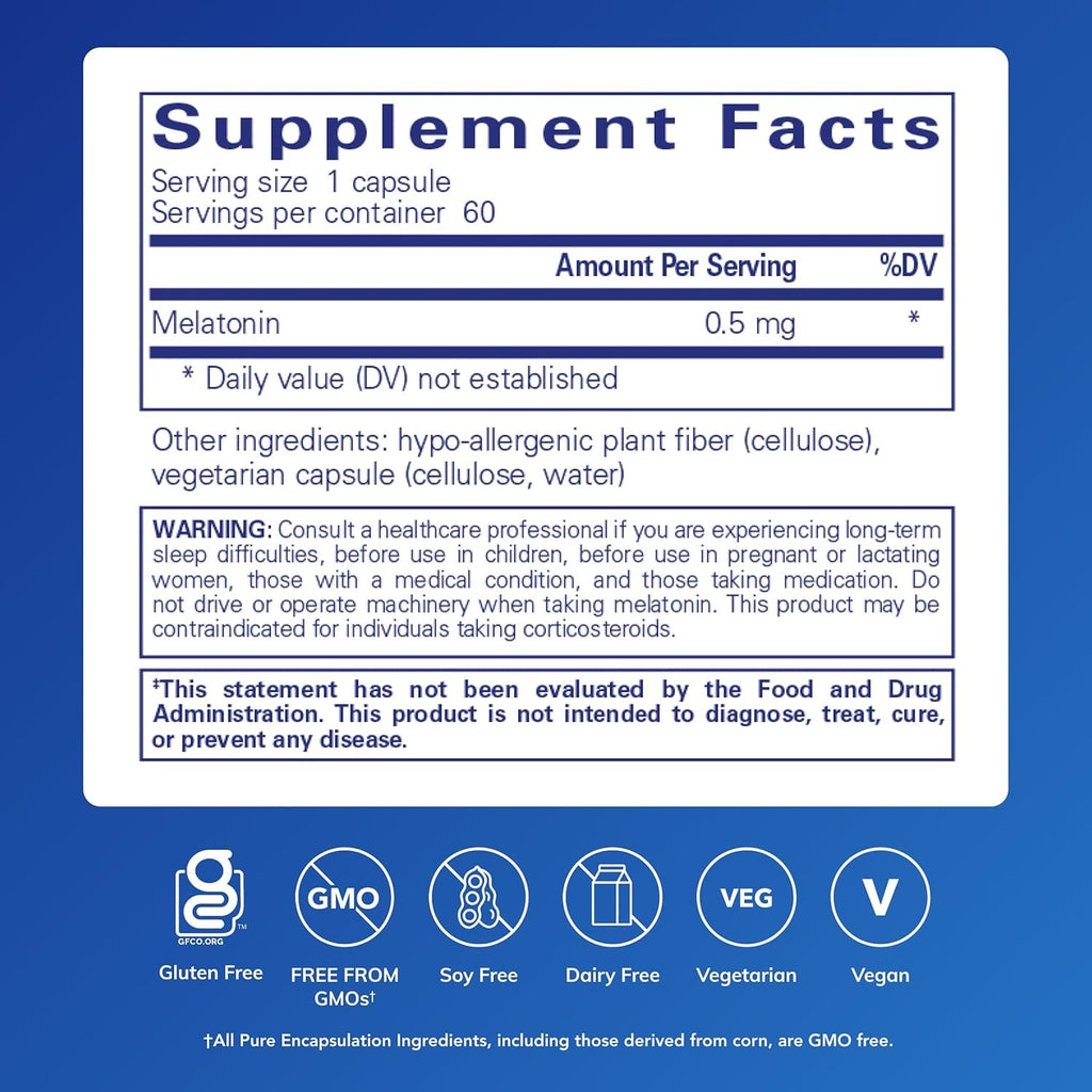 Pure Encapsulations Melatonin 0.5 Mg - Natural Sleep Helper for Bedtime - Regulates Sleep-Wake Cycle - 0.5 Mg Melatonin - Vegan & Non-Gmo - 60 Capsules