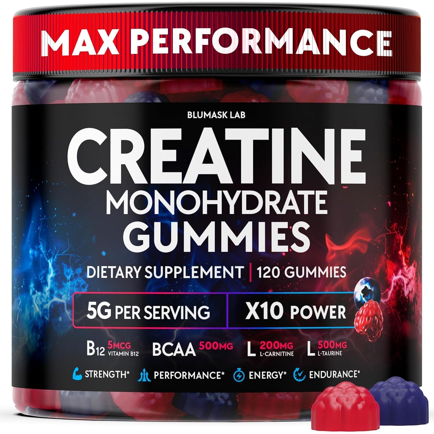 Creatine Monohydrate Gummies Complex 5000 MG for Men & Women, Preworkout Gummy with BCAA, L-Carnitine, Taurine & Vitamin B12 for Muscle Growth, Strength & Energy Support , Flavored and Chewable