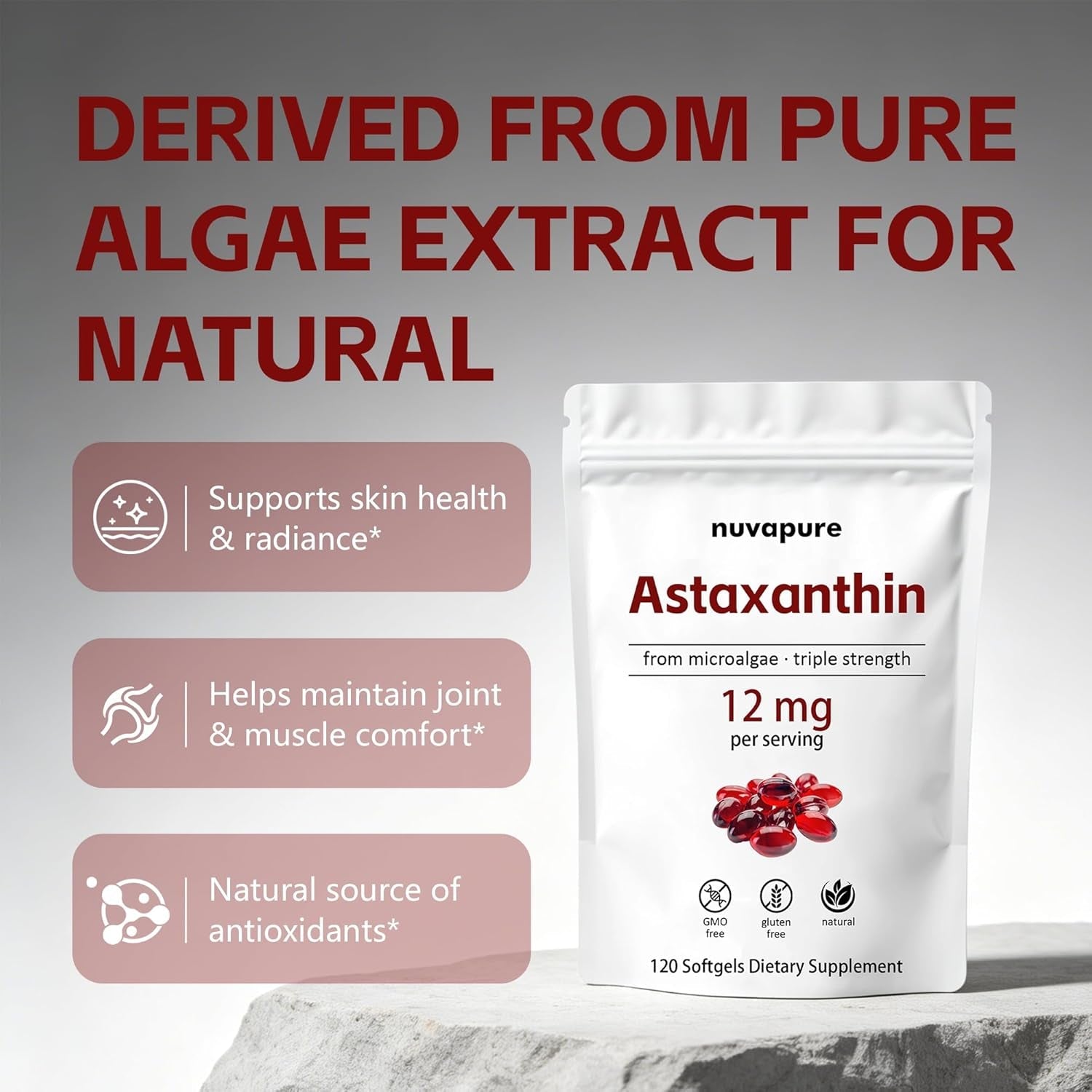 Nuvapure Astaxanthin 12Mg Softgels – Triple Strength Astaxanthin from Microalgae, Non-Gmo, Gluten Free, Antioxidant Dietary Supplement, 120 Softgels