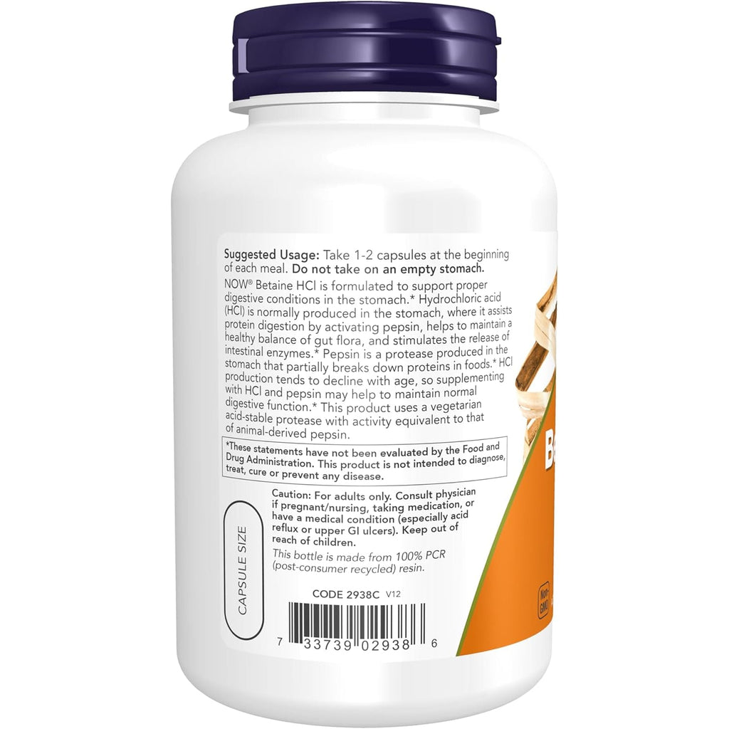 NOW Foods Supplements, Betaine Hcl 648 Mg, Vegetarian Formula, Digestive Support*, 120 Veg Capsules