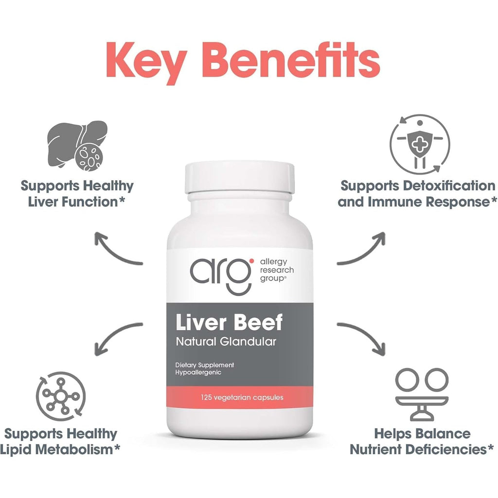 Allergy Research Group ARG Liver Beef Natural Glandular - 1000 Mg Bovine Liver - Supports Liver Function - Hypoallergenic Formula - 62 Servings - 125 Count