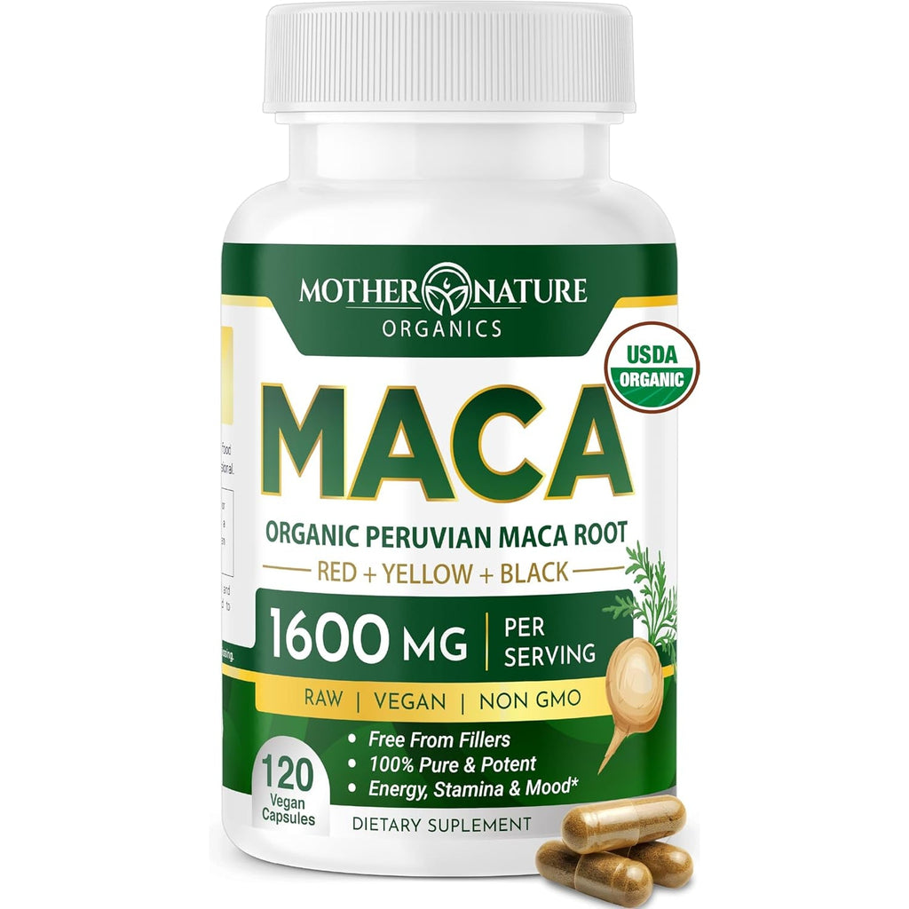 Mother Nature Organic Maca Root Capsules – 1600Mg, 120 Vegan Capsules – Non GMO Peruvian Yellow, Red & Black Maca for Men & Women - Energy, Hormone, Brain & Weight Well-Being