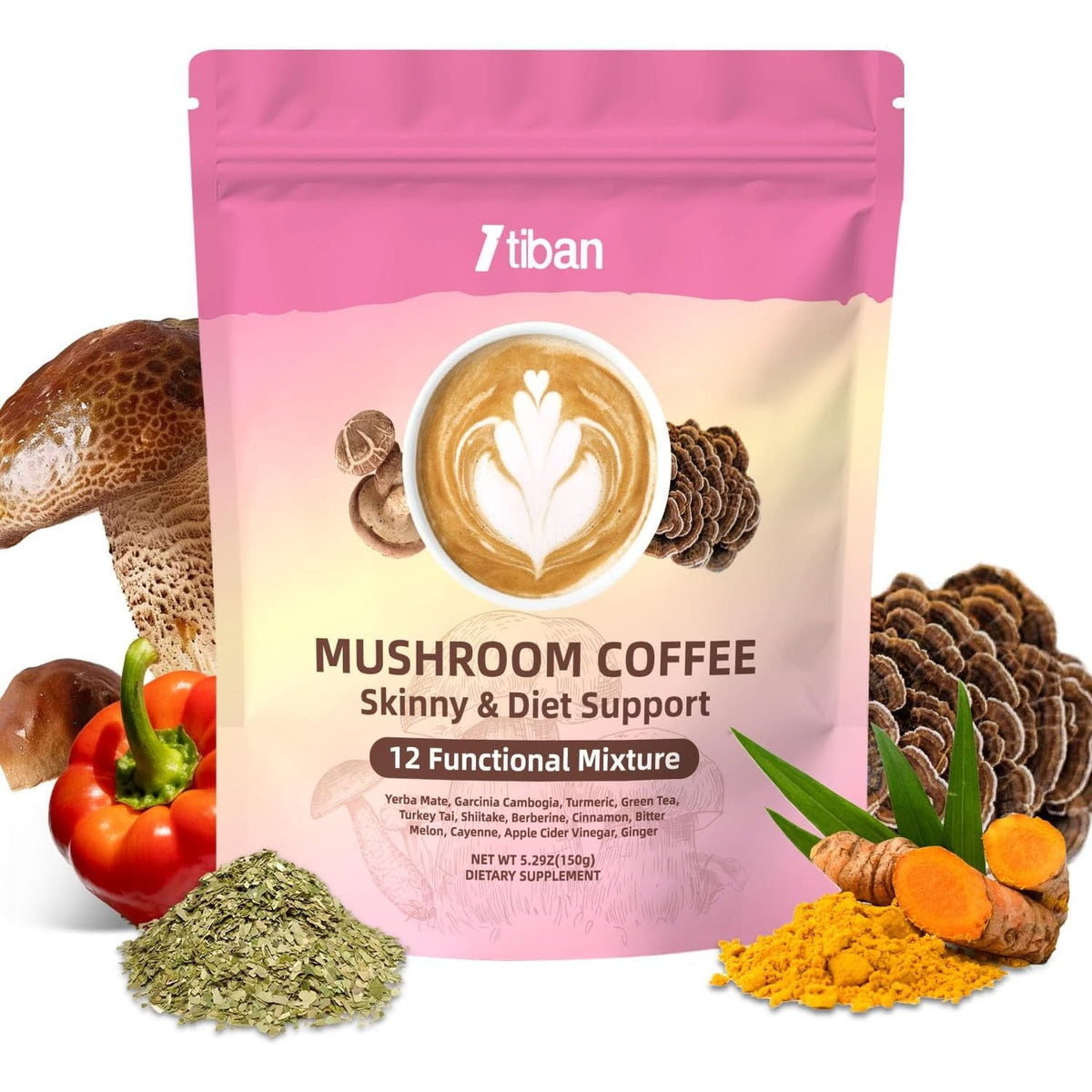Slim Mushroom Coffee, Instant Coffee with Berberine, Cinnamon, Yerba Mate, Turmeric, & More for Skinny, Metabolism Boost - 30 Servings