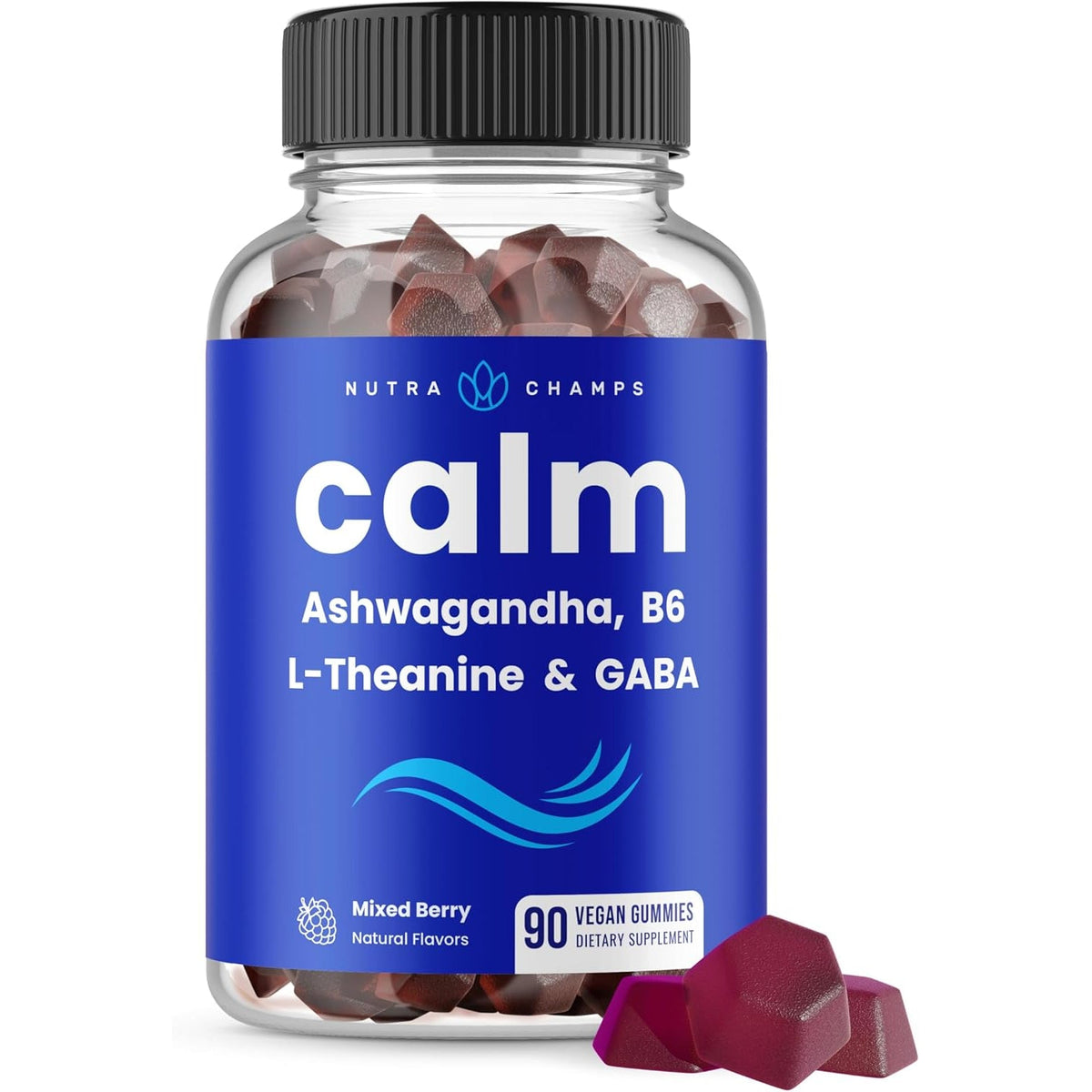 Nutrachamps Calm Gummies, Stress Gummies Supplement with Ashwagandha, L-Theanine, GABA, Vitamin B6 & Lemon Balm, Supports Mood, Focus & Stress Relief, Natural Berry, 90 Gummies