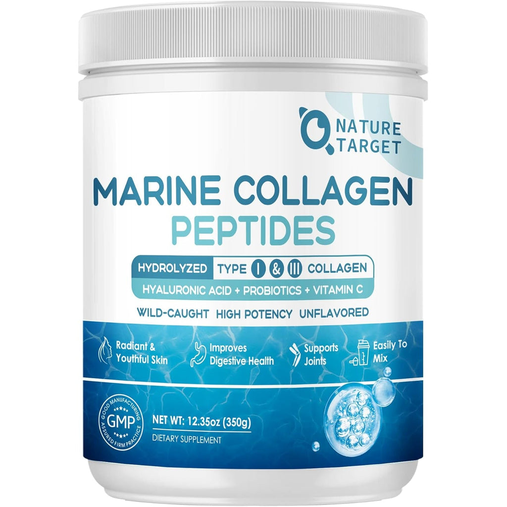 NATURE TARGET Marine Collagen Peptides Powder - Type I & III Collagen with Probiotics, Vitamin C & Hyaluronic Acid for Skin, Hair, Nails, Wild-Caught Fish & Grass-Fed Bovine, 35 Servings