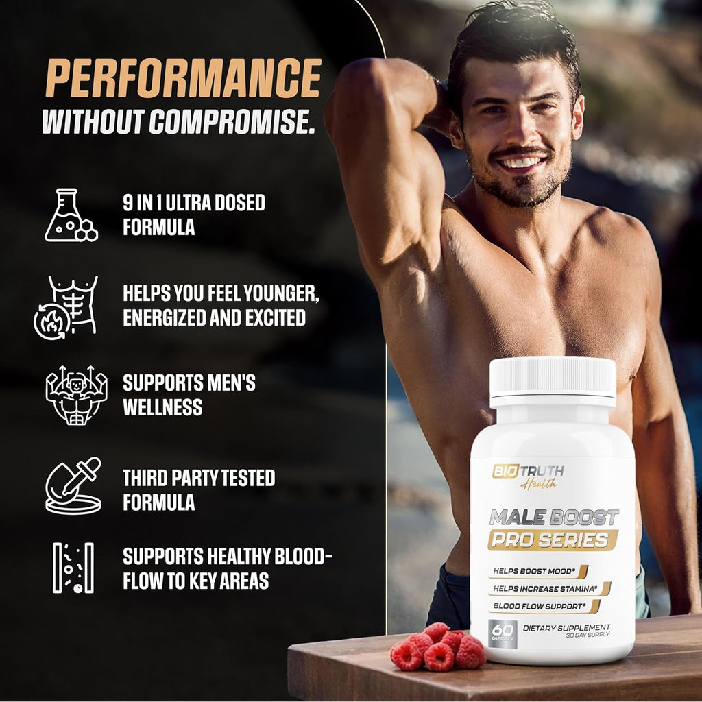 Male Boost PRO Series - the Ultimate Male Supplement - Pills for Men Fast Acting Blood Flow for Manhood, Muscle, Strength, Stamina - Overall Test Level Support - Hornygoatweed + 8 More - 60 Capsules