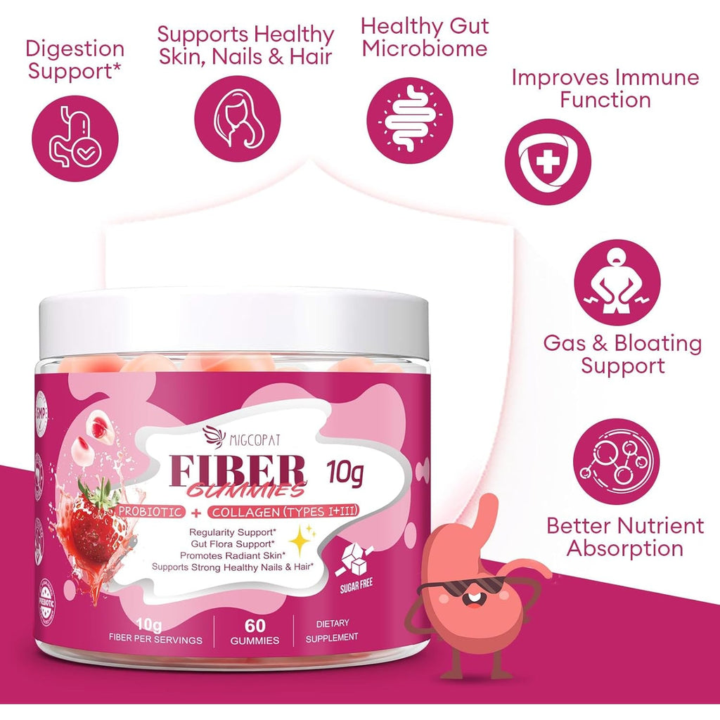 Migcopat 10G Fiber Gummies with Collagen Peptides, Hyaluronic Acid, Vitamin C, ACV, 30 Billion CFU Probiotics – Sugar Free Collagen Gummy for Skin, Hair & Nails – Digestive Health Support – 60 Cts