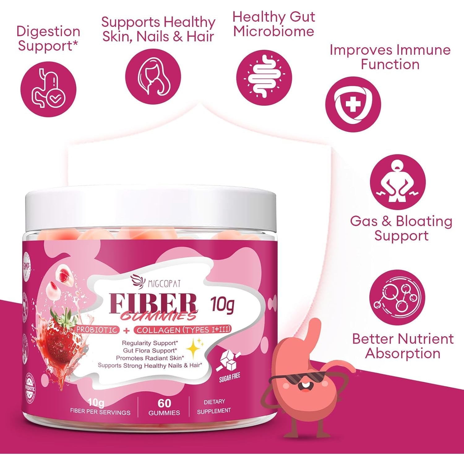 Migcopat 10G Fiber Gummies with Collagen Peptides, Hyaluronic Acid, Vitamin C, ACV, 30 Billion CFU Probiotics – Sugar Free Collagen Gummy for Skin, Hair & Nails – Digestive Health Support – 60 Cts