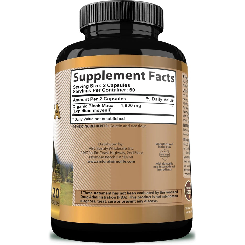 Organic Black Maca 1,900 Mg per Serving Natural Energy Booster Peruvian Maca for Men & Women 120 Capsules