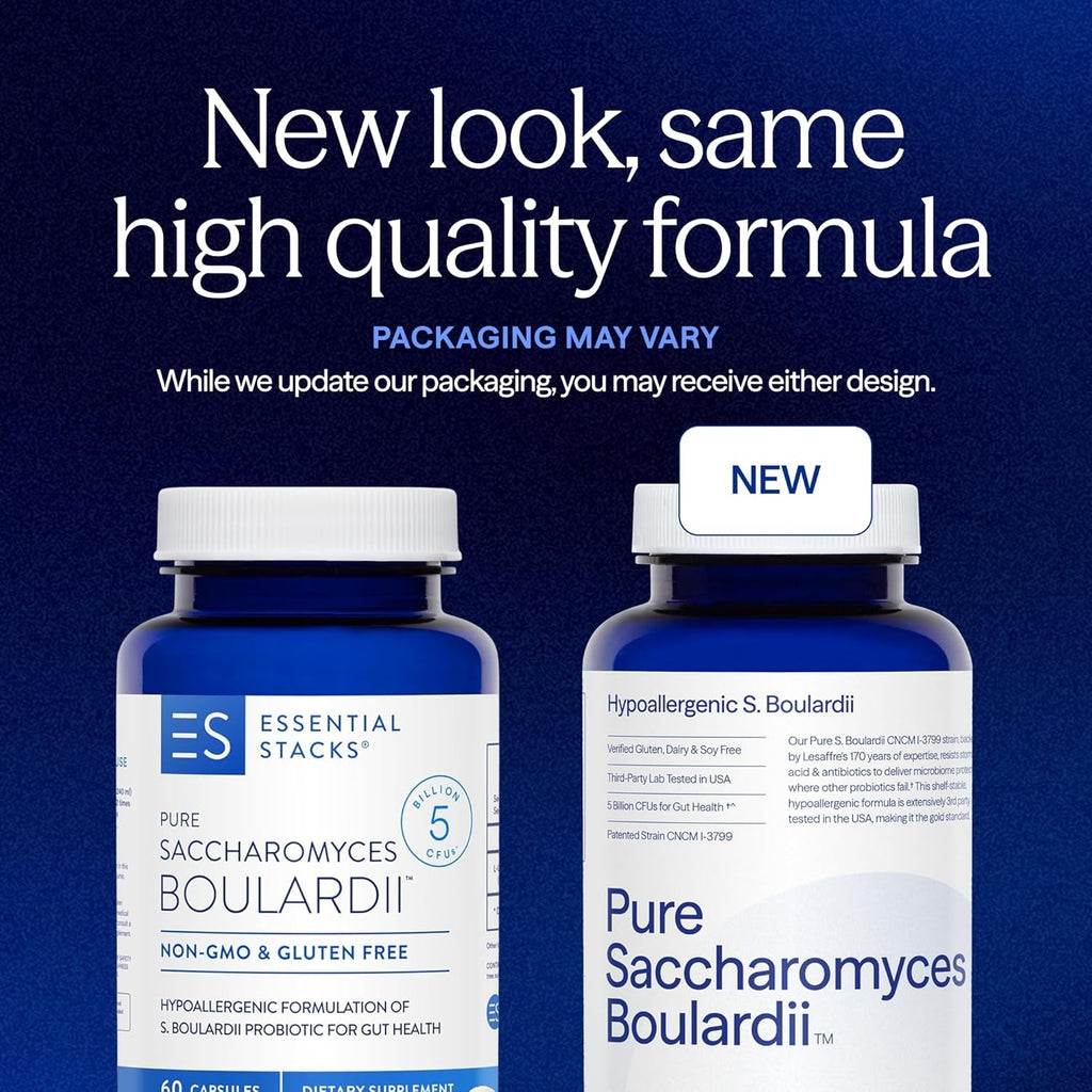 Essential Stacks Saccharomyces Boulardii Probiotics (Non-Gmo & Gluten Free) - 5 Billion Cfus for Gut Health (60 Capsules)