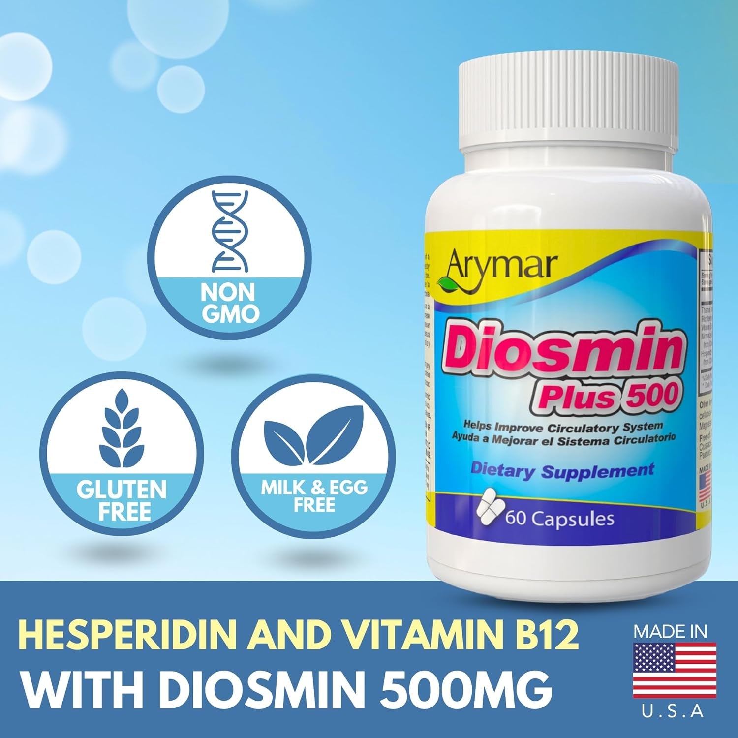 Arymar Diosmin 500Mg with Vitamin B-Complex: Circulatory Formula for Leg Vein Integrity and Normal Blood Flow, Vascular Health and Microcirculation, 60 Capsules
