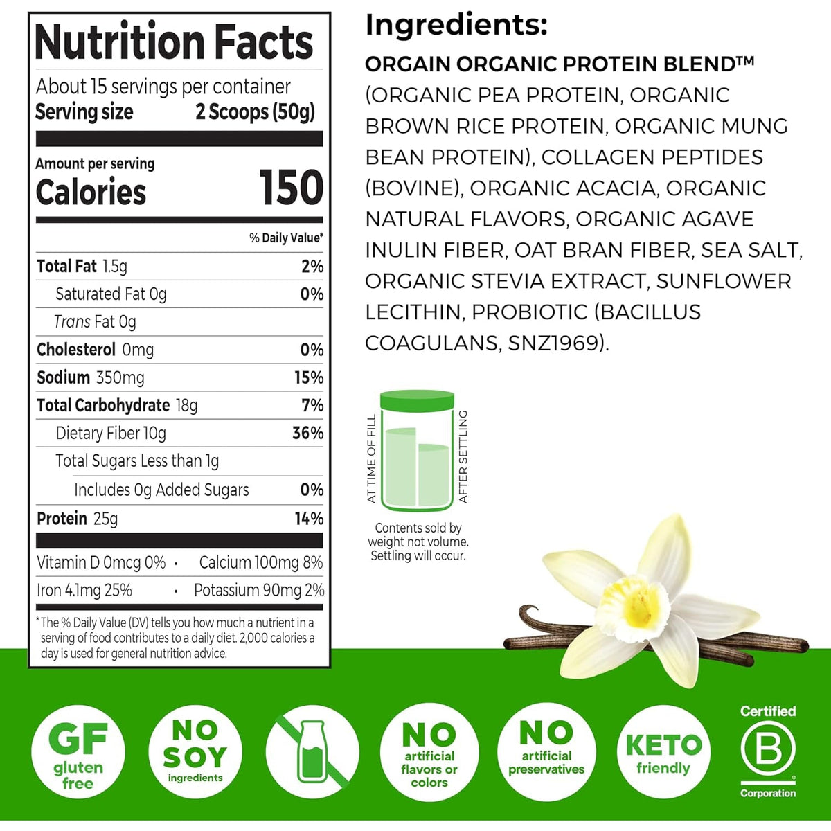 Orgain Protein Powder + Collagen, Vanilla Bean - 25G of Protein, 10G Collagen Peptides, Type I & III, 1B CFU Probiotics, Supports Hair, Skin, Nail, Joint & Gut Health, Gluten Free - 1.6Lb