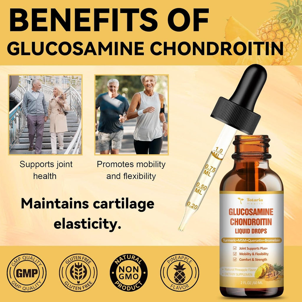 Glucosamine Chondroitin MSM Liquid Drops, Vitamin D3 - Joint Support Supplement for Mobility, Flexibility & Bones Chondroitin Sulfate Supplement Turmeric, Quercetin, Bromelain, MSM Oil 2 FL.OZ