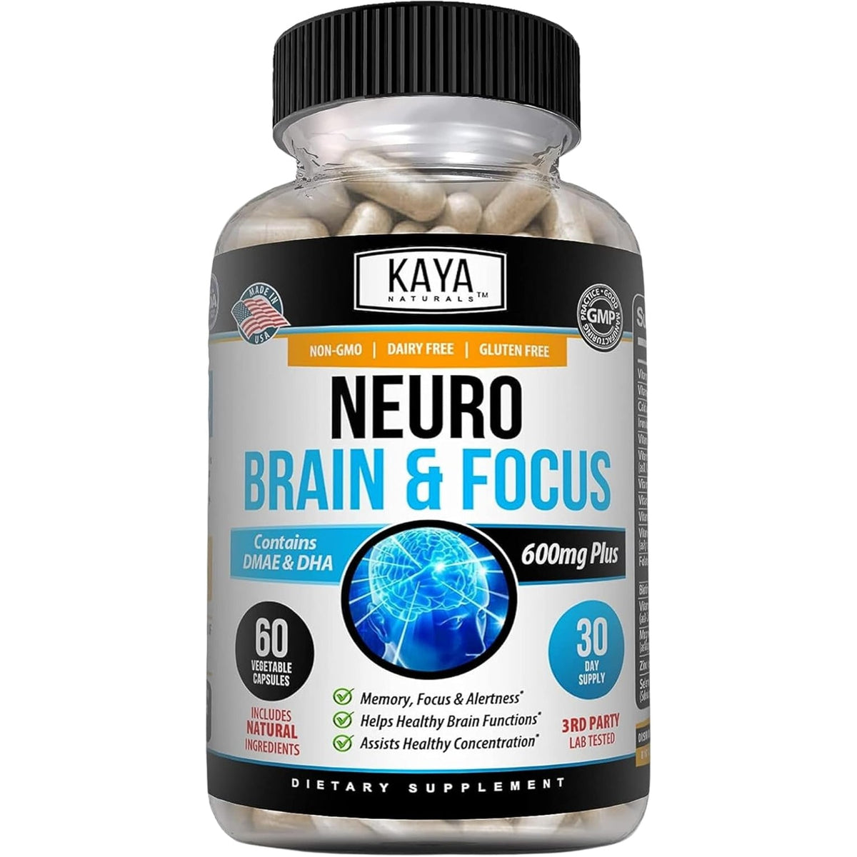 Kaya Naturals - Neuro Brain for Memory & Focus - Nootropic Energy Capsule - Nootropic Brain Support Supplement - Focus & Concentration & Learning Accuracy - Cognitive Function - 60 Count