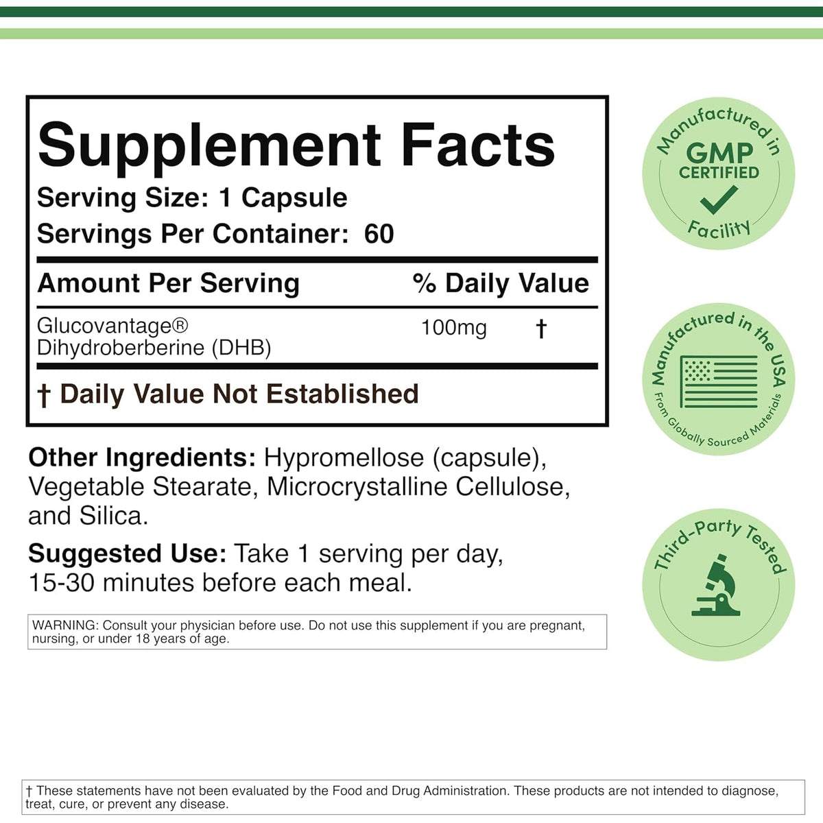 Dihydroberberine Supplement 100Mg, 60 Capsules (Patented Glucovantage Super Berberine, May Be 5X More Effective than Berberine with Less Side Effects) Third Party Tested, Vegan Safe by Double Wood