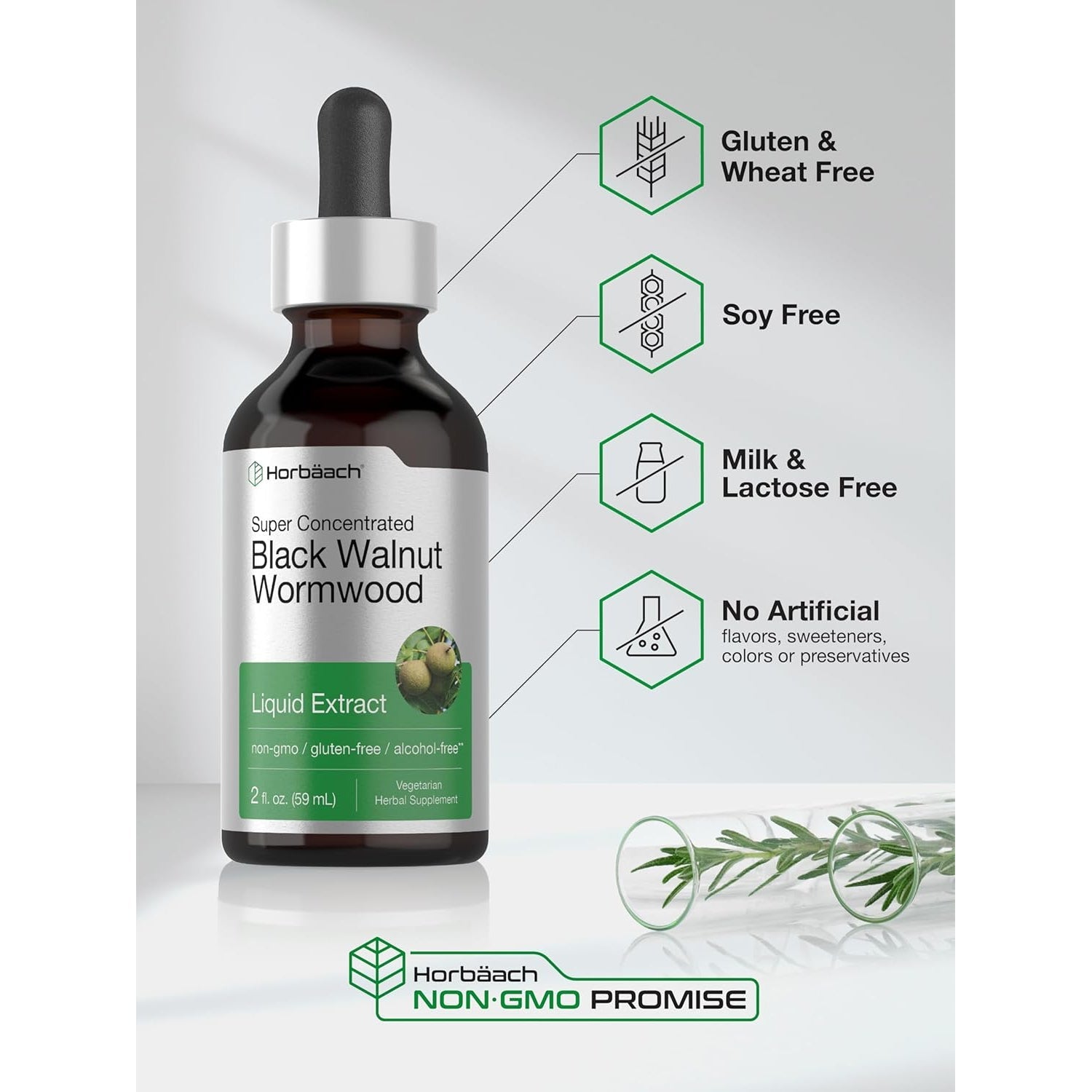 Horbäach Black Walnut Hull Wormwood Extract Tincture | 2 Fl Oz | Alcohol Free Liquid | Vegetarian, Non-Gmo & Gluten Free Supplement