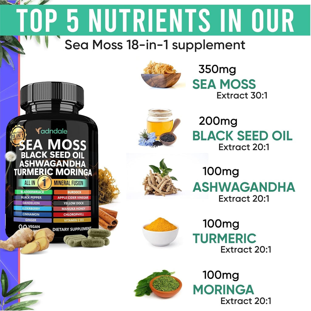 Adndale Sea Moss Capsules - Sea Moss Blend with Ashwagandha, Turmeric & Black Seed Oil - 180 Count