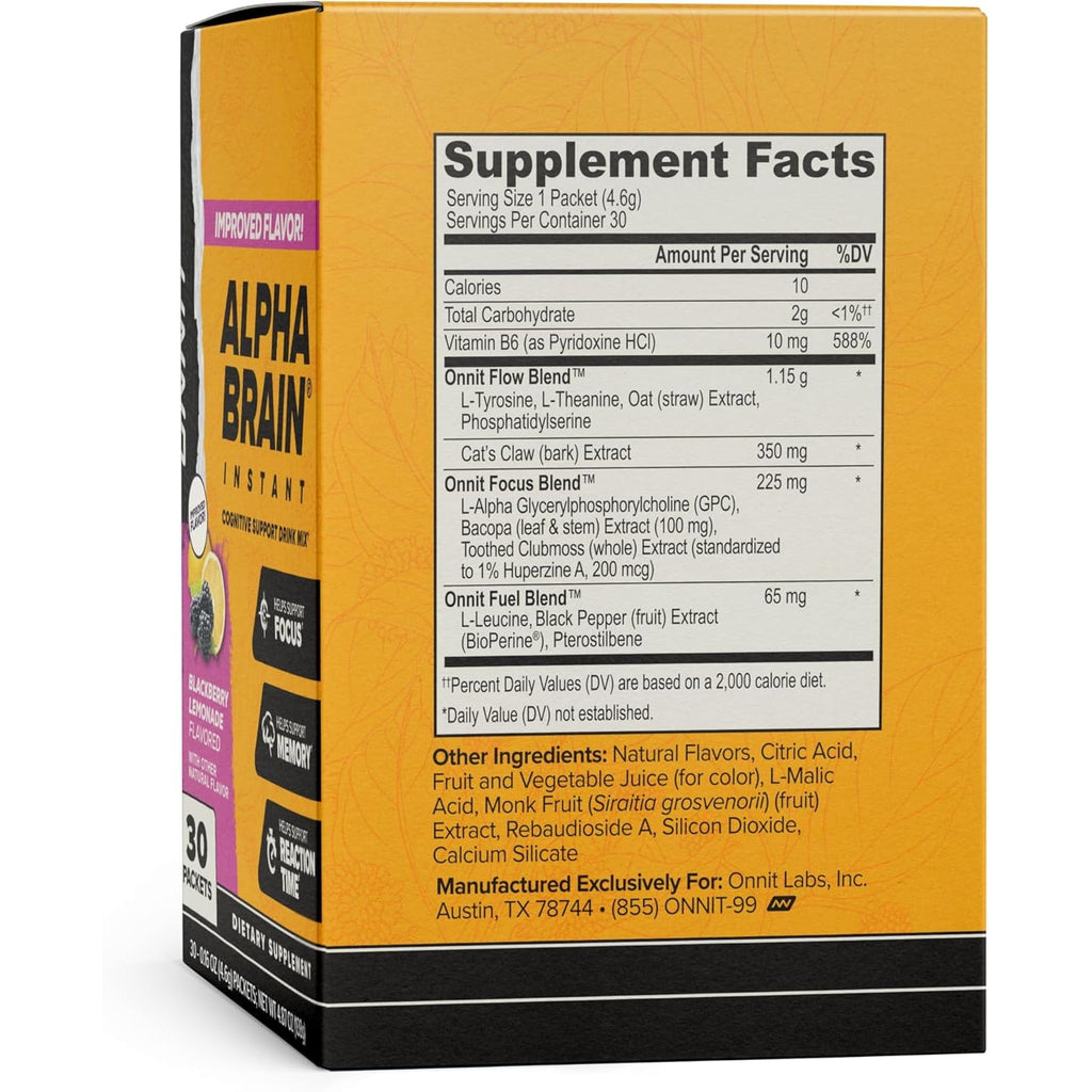 ONNIT Alpha Brain Instant Cognitive Support Drink Mix, Blackberry Lemonade Flavor, Nootropic Supplement for Focus, Memory, and Clarity, 0.13 Oz Packets, 30 Count