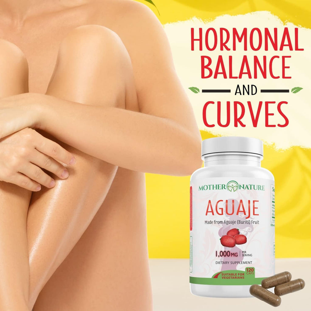 Mother Nature Aguaje Curves Capsules for Women, 1000Mg (120Ct), Natural & Sustainably Sourced Aguaje Fruit from Peru for Female Health, Hormone Balance, Curve Enhancer, Vegan, Non-Gmo & Gluten-Free