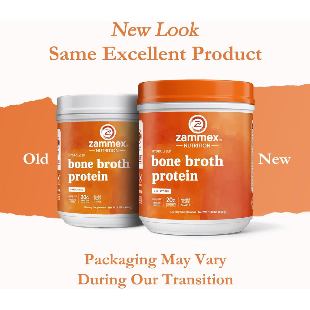 Zammex Pure Grass Fed Beef Bone Broth Protein Powder, 20G Protein, Hydrolyzed Collagen Supplement for Healthy Skin, Nails, Hair, Joints, Non-Gmo, Gluten Free, Paleo & Keto Friendly, Great in Soup