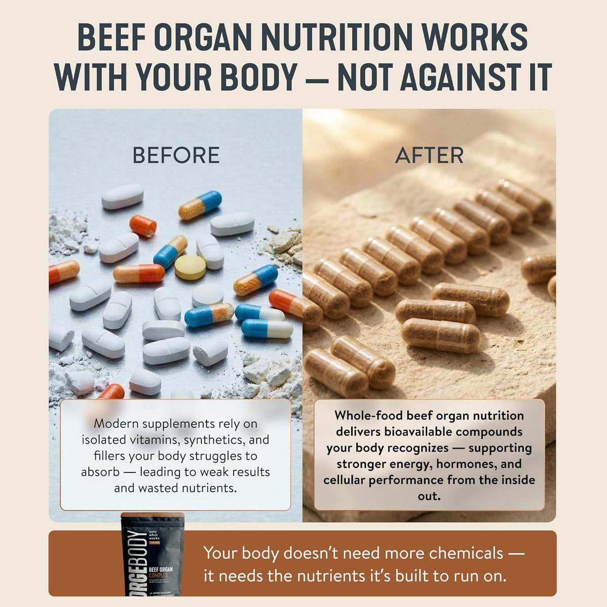 FORGEBODY® Beef Organ Complex Capsules [1 Month] - 100% Grass Fed Beef Organ Supplement with Blend of Liver, Heart, Bone Marrow, Pancreas & Testicles - Supports Body Health & Brain Function (Non-Gmo)