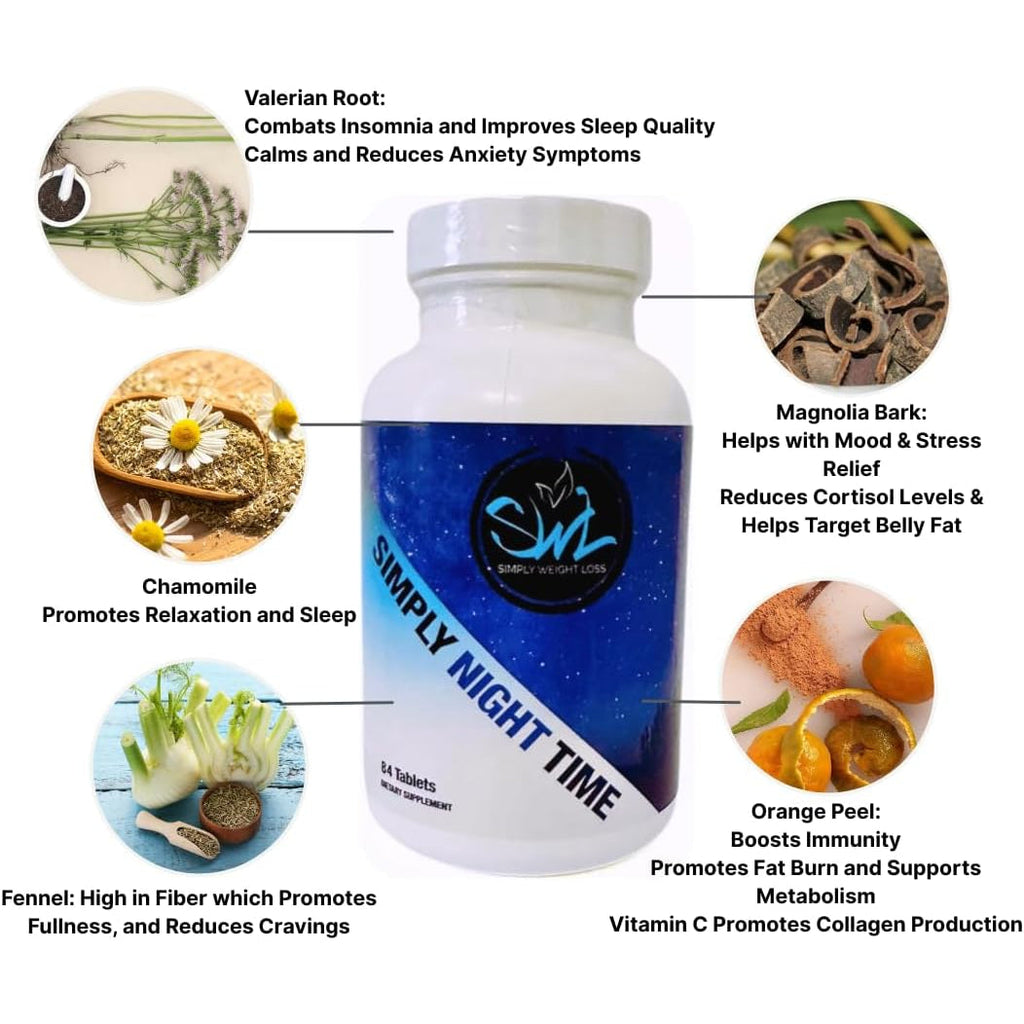 Simply Night Time | Weight Loss Support | Better Sleep | Mood Enhancer and Stress Relief | Botanical Blend - Valerian Root, Cascara Sagrada, Magnolia Bark, Chamomile | 84 Count