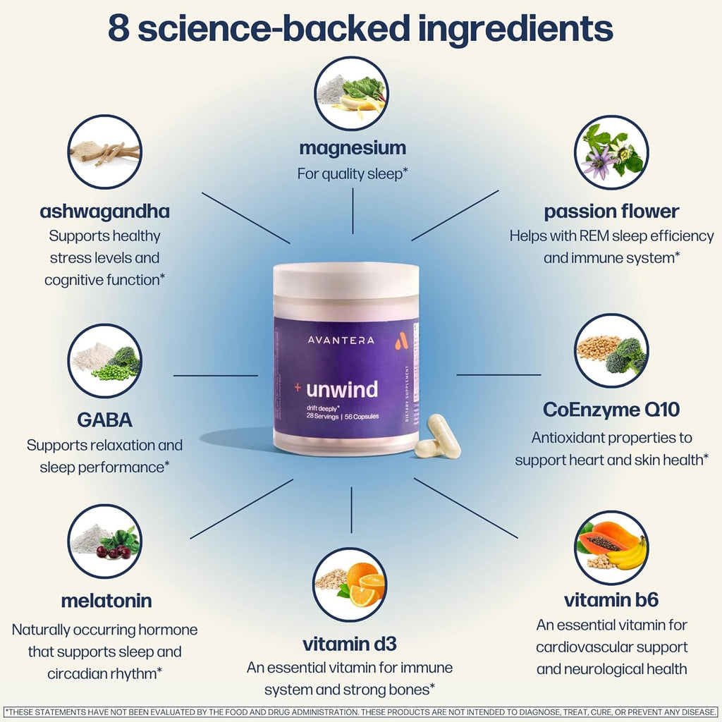 Avantera Unwind - Stress and Sleep Supplement for Adults - Support Healthy Stress Levels & Improve Sleep Efficiency - Magnesium, Melatonin, Ashwagandha, & More - 56 Vegan Capsules