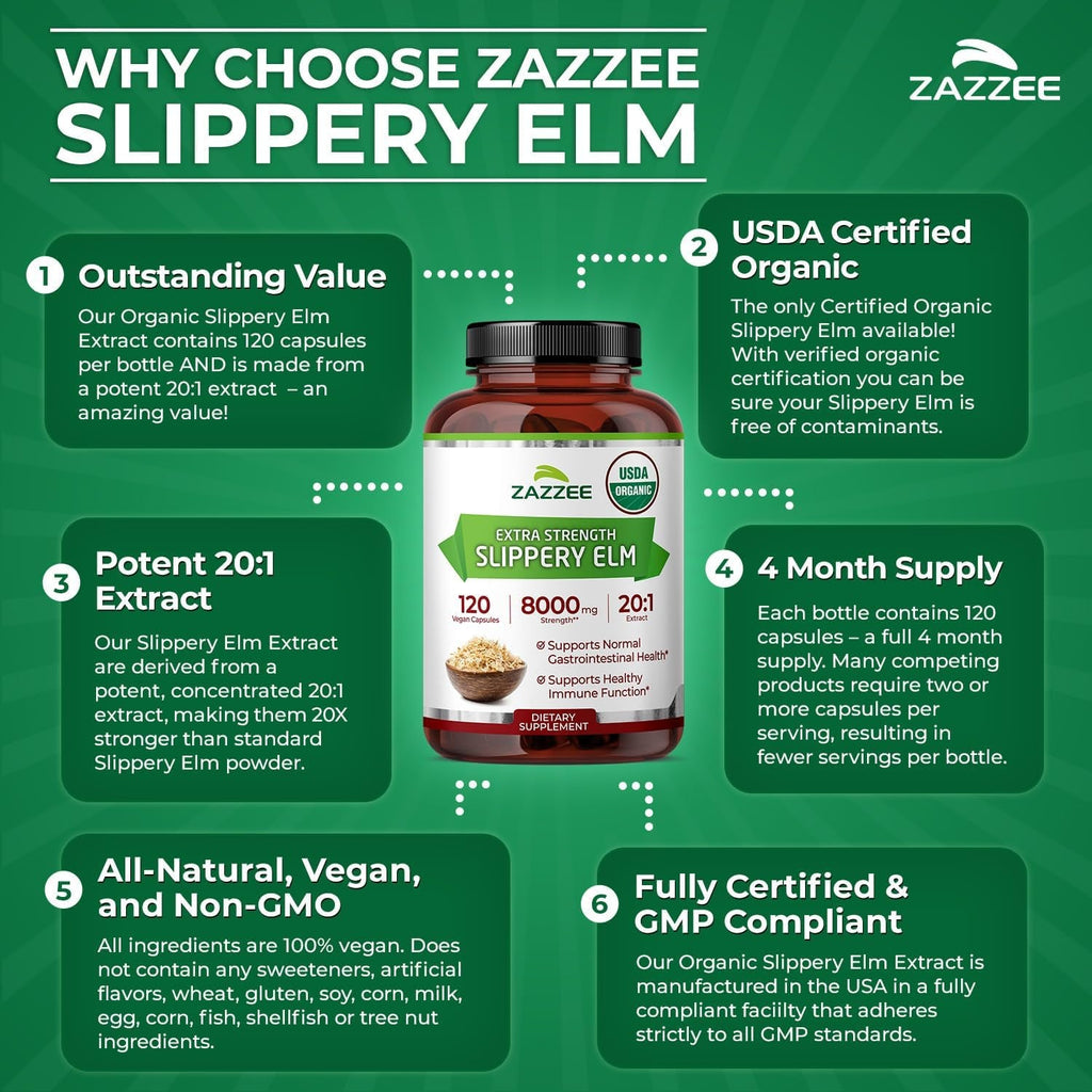 Zazzee USDA Organic Slippery Elm Bark 20:1 Extract, 120 Vegan Capsules, 4 Month Supply, Ulmus Rubra, Digestive, Throat & Mucosal Support, Herbal Supplement, All-Natural, Non-Gmo, Made in the USA