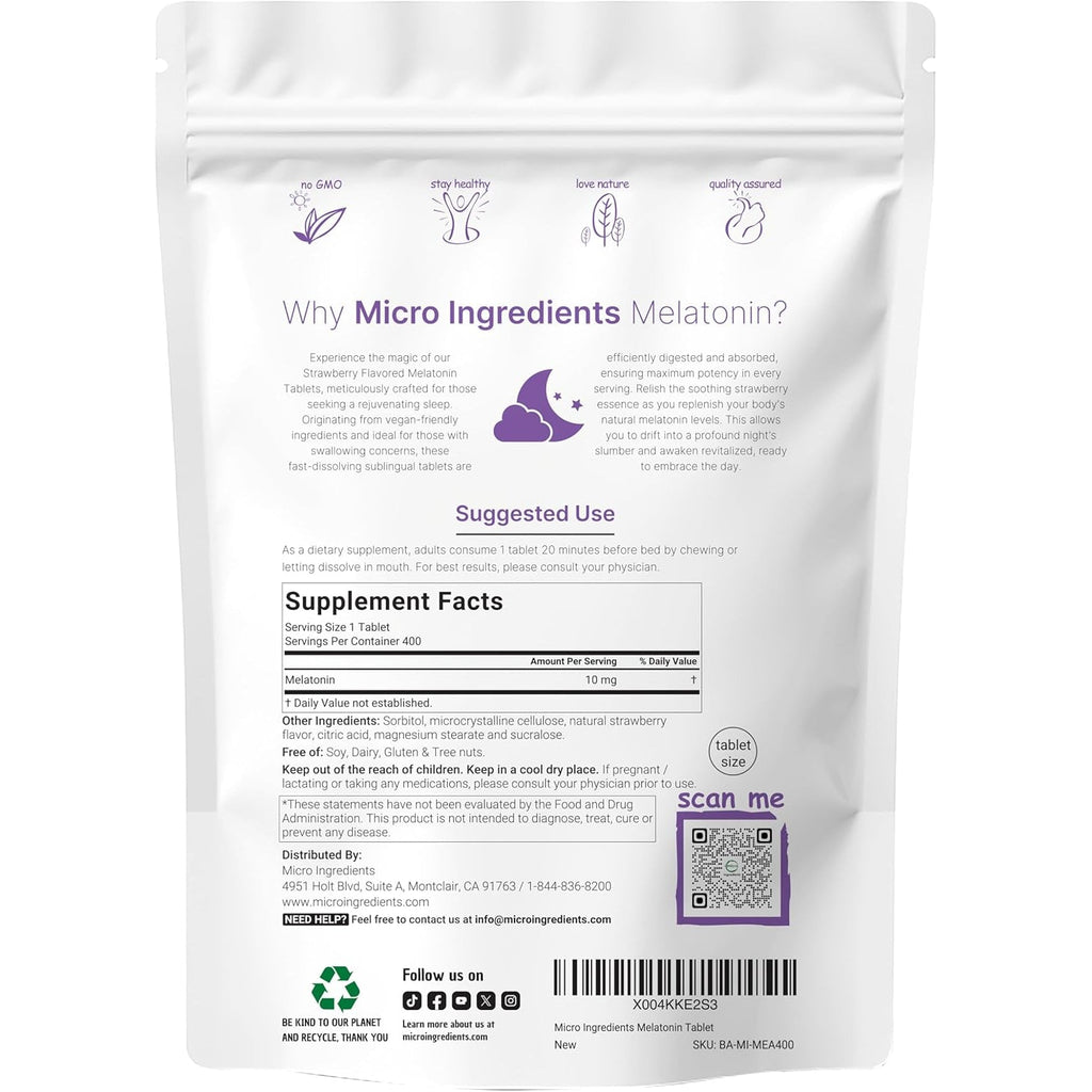 Micro Ingredients Melatonin 10Mg, 400 Tablets | Natural Strawberry Flavor | Fast Dissolve | No Drug | Vegetarian Friendly | Non-Gmo, No Gluten, Sugar Free