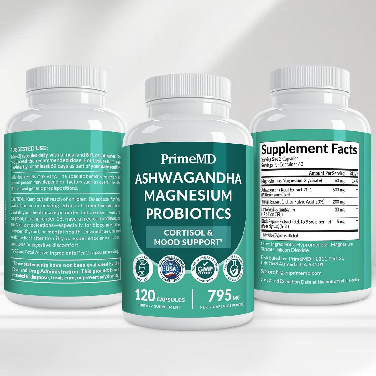 5-In-1 Cortisol Supplement for Women and Men with Ashwagandha for Calmness, Focus, and Adrenal Support Supplements with Shilajit Extract, Magnesium Glycinate, Probiotics (120 Ct) (Pack of 1)