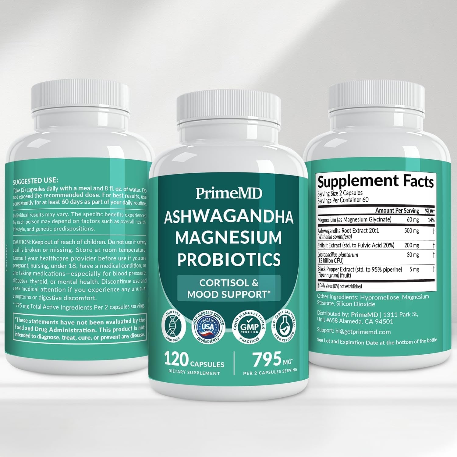 5-In-1 Cortisol Supplement for Women and Men with Ashwagandha for Calmness, Focus, and Adrenal Support Supplements with Shilajit Extract, Magnesium Glycinate, Probiotics (120 Ct) (Pack of 1)